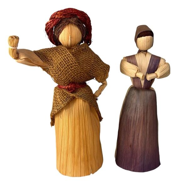 2 Corn Husks Dolls Women Vintage Natural Primative - Picture 1 of 14